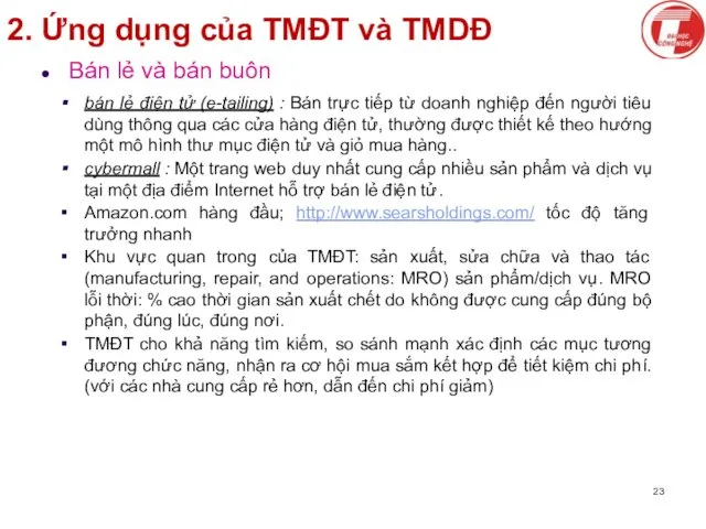 2. Ứng dụng của TMĐT và TMDĐ Bán lẻ và bán