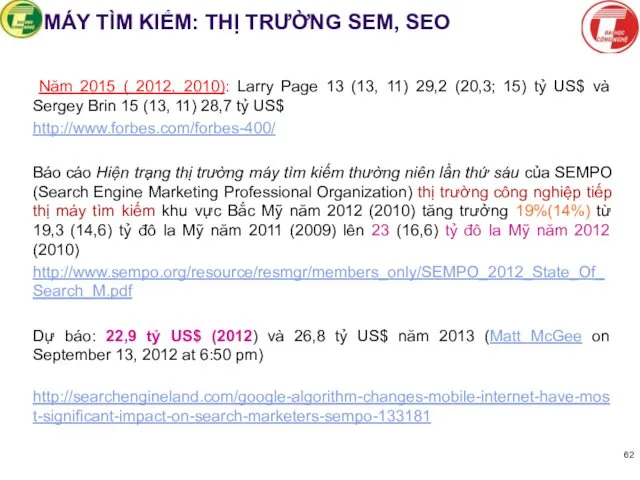 MÁY TÌM KIẾM: THỊ TRƯỜNG SEM, SEO Năm 2015 ( 2012,