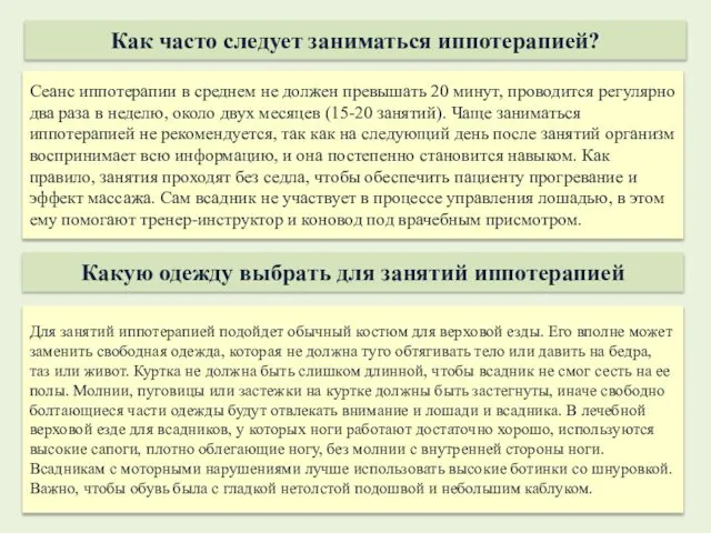 Сеанс иппотерапии в среднем не должен превышать 20 минут, проводится регулярно