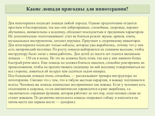 Для иппотерапии подходят лошади любой породы. Однако предпочтение отдается простым и