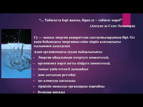 “... Табиғатта бәрі жақсы, бірақ су – табиғат көркі” (Антуан де