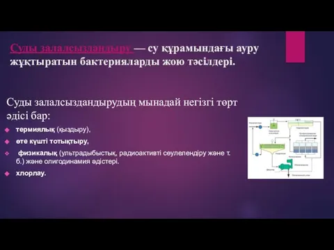 Суды залалсыздандыру — су құрамындағы ауру жұқтыратын бактерияларды жою тәсілдері. Суды