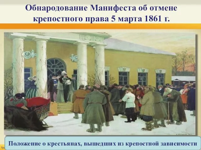 Обнародование Манифеста об отмене крепостного права 5 марта 1861 г. Положение