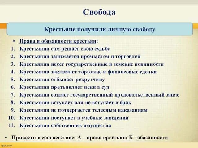 Свобода Привести в соответствие: А – права крестьян; Б - обязанности