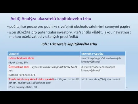 Ad 4) Analýza ukazatelů kapitálového trhu počítají se pouze pro podniky