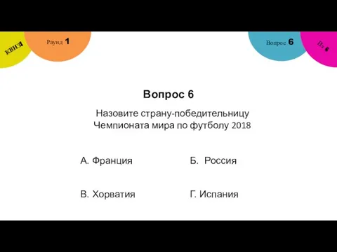 Вопрос 6 Вопрос 6 Раунд 1 КВИЗ! Из 6 Назовите страну-победительницу