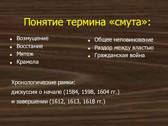 Понятие термина «смута»: Возмущение Восстание Мятеж Крамола Общее неповиновение Раздор между