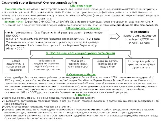 1.Понятие «тыл» Понятие «тыл» включает в себя территорию сражающегося СССР, кроме