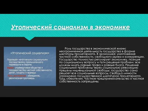 Утопический социализм в экономике Роль государства в экономической жизни: неограниченная деятельность