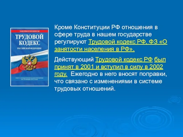 Кроме Конституции РФ отношения в сфере труда в нашем государстве регулируют