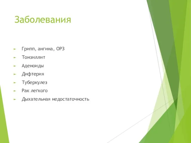 Заболевания Грипп, ангина, ОРЗ Тонзиллит Аденоиды Дифтерия Туберкулез Рак легкого Дыхательная недостаточность