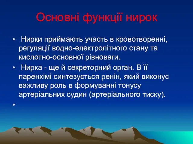 Основні функції нирок Нирки приймають участь в кровотворенні, регуляції водно-електролітного стану