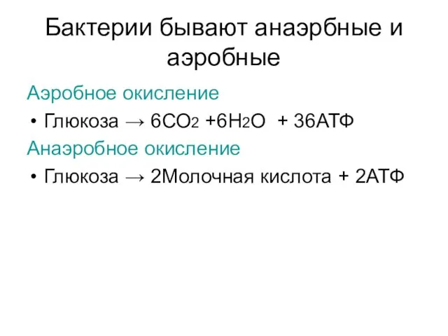 Бактерии бывают анаэрбные и аэробные Аэробное окисление Глюкоза → 6СО2 +6Н2О