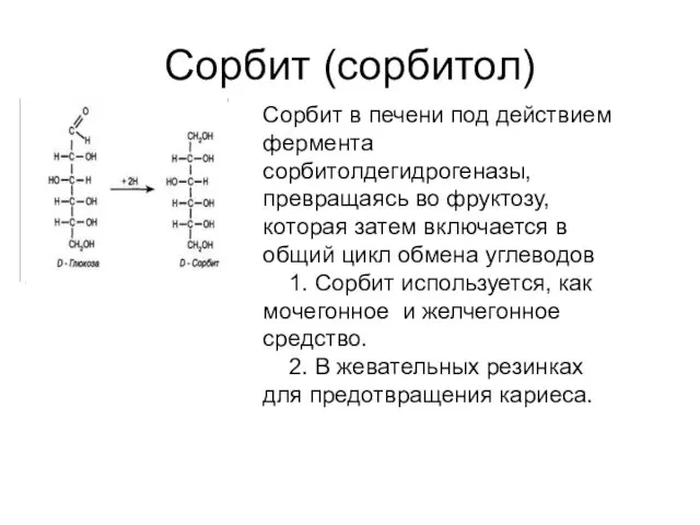 Сорбит (сорбитол) Сорбит в печени под действием фермента сорбитолдегидрогеназы, превращаясь во