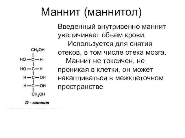 Маннит (маннитол) Введенный внутривенно маннит увеличивает объем крови. Используется для снятия