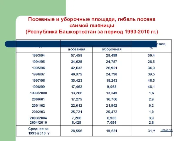 Посевные и уборочные площади, гибель посева озимой пшеницы (Республика Башкортостан за период 1993-2010 гг.)