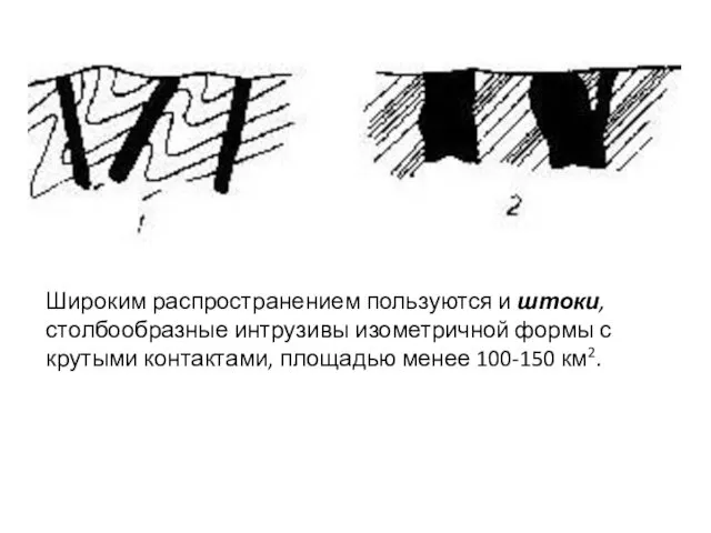 Широким распространением пользуются и штоки, столбообразные интрузивы изометричной формы с крутыми контактами, площадью менее 100-150 км2.