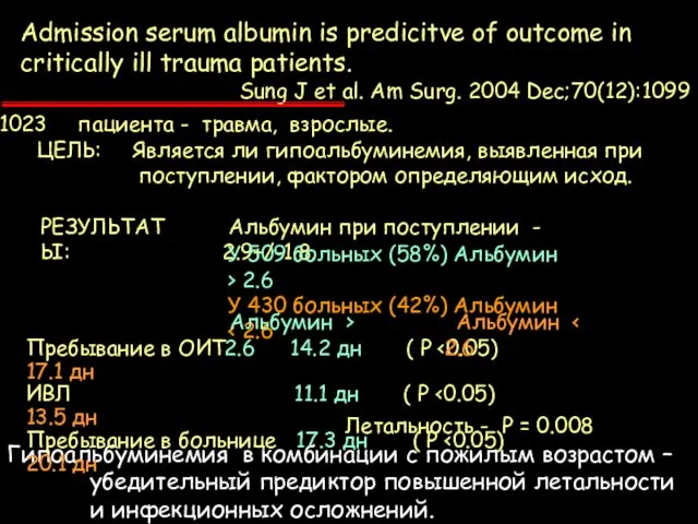 пациента - травма, взрослые. ЦЕЛЬ: Является ли гипоальбуминемия, выявленная при поступлении,