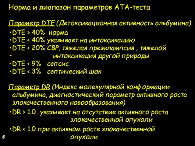 Параметр DTE (Детоксикационная активность альбумина) DTE > 40% норма DTE DTE