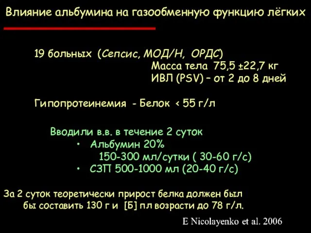 19 больных (Сепсис, МОД/Н, ОРДС) Масса тела 75,5 ±22,7 кг ИВЛ