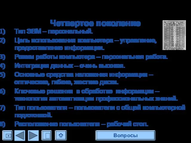 Четвертое поколение Тип ЭВМ – персональный. Цель использования компьютера – управление,