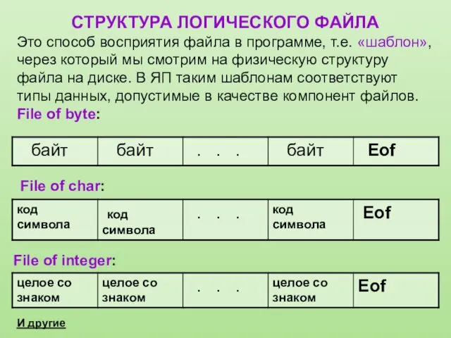 И другие СТРУКТУРА ЛОГИЧЕСКОГО ФАЙЛА Это способ восприятия файла в программе,