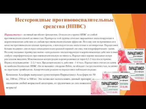 Нестероидные противовоспалительные средства (НПВС) Парацетамол - активный метаболит фенацетина. Относится к