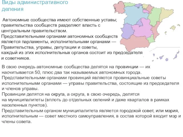 Виды административного деления Автономные сообщества имеют собственные уставы; правительства сообществ разделяют