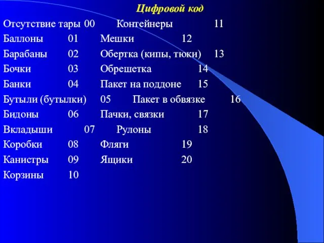 Цифровой код Отсутствие тары 00 Контейнеры 11 Баллоны 01 Мешки 12