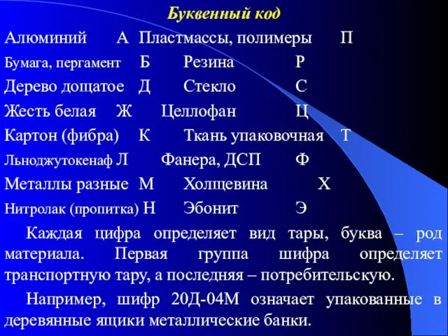 Буквенный код Алюминий А Пластмассы, полимеры П Бумага, пергамент Б Резина