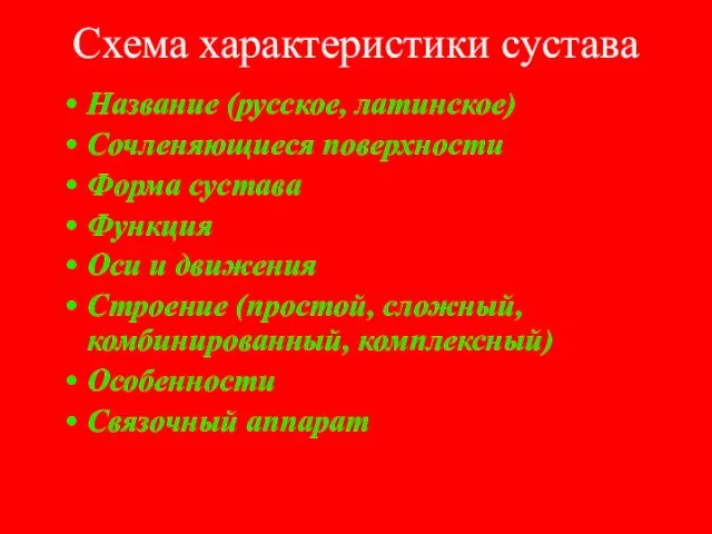 Cхема характеристики сустава Название (русское, латинское) Сочленяющиеся поверхности Форма сустава Функция