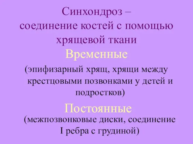 Синхондроз – соединение костей с помощью хрящевой ткани Временные (эпифизарный хрящ,