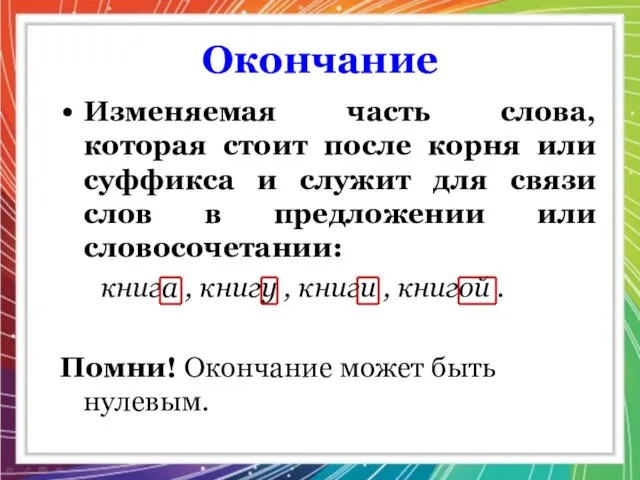 Окончание Изменяемая часть слова, которая стоит после корня или суффикса и