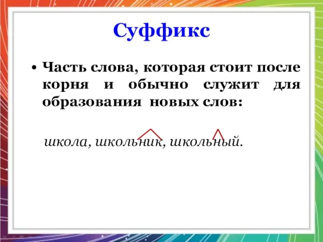 Суффикс Часть слова, которая стоит после корня и обычно служит для