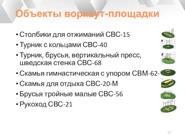 Объекты воркаут-площадки Столбики для отжиманий СВС-15 Турник с кольцами СВС-40 Турник,