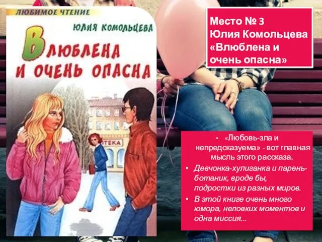 Место № 3 Юлия Комольцева «Влюблена и очень опасна» «Любовь-зла и