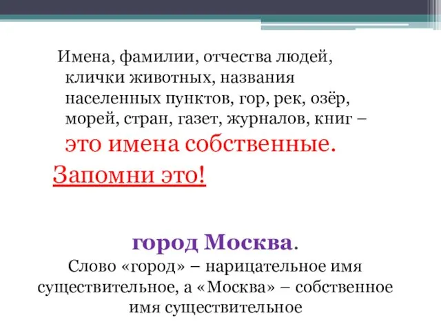 Имена, фамилии, отчества людей, клички животных, названия населенных пунктов, гор, рек,