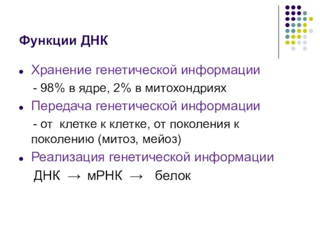 Функции ДНК Хранение генетической информации - 98% в ядре, 2% в