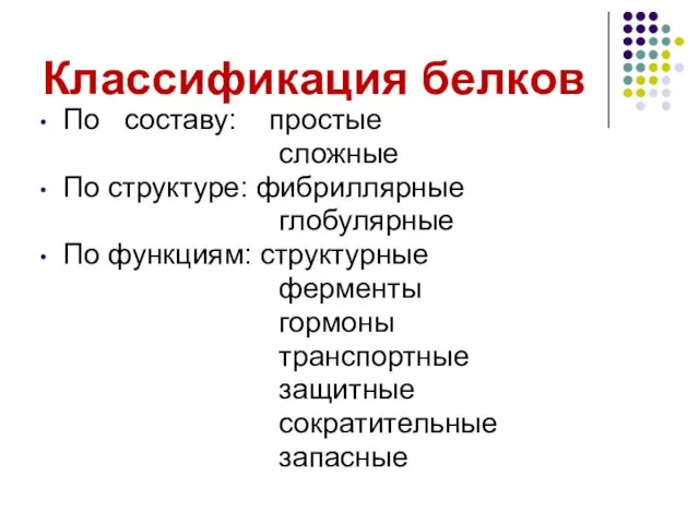 Классификация белков По составу: простые сложные По структуре: фибриллярные глобулярные По