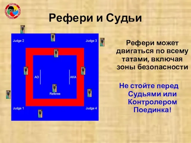 Рефери и Судьи Рефери может двигаться по всему татами, включая зоны