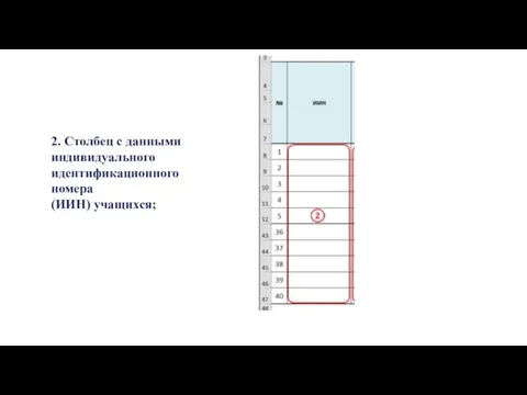 2. Столбец с данными индивидуального идентификационного номера (ИИН) учащихся;