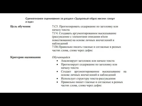 Суммативное оценивание за раздел «Здоровый образ жизни: спорт и еда»