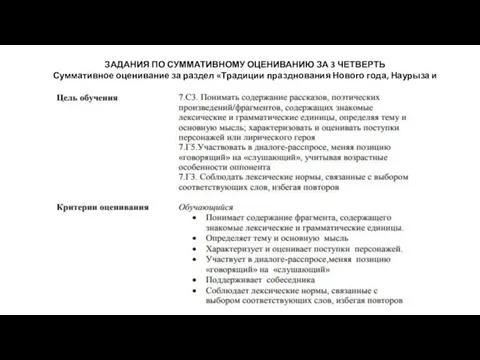 ЗАДАНИЯ ПО СУММАТИВНОМУ ОЦЕНИВАНИЮ ЗА 3 ЧЕТВЕРТЬ Суммативное оценивание за раздел