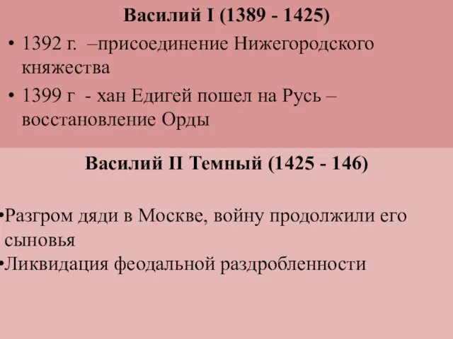 Василий I (1389 - 1425) 1392 г. –присоединение Нижегородского княжества 1399