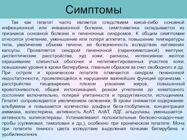 Симптомы Так как гепатит часто является следствием какой-либо основной инфекционной или