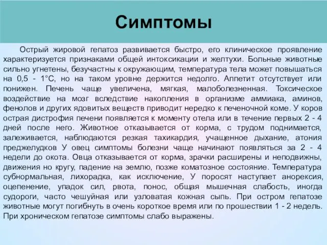 Симптомы Острый жировой гепатоз развивается быстро, его клиническое проявление характеризуется признаками