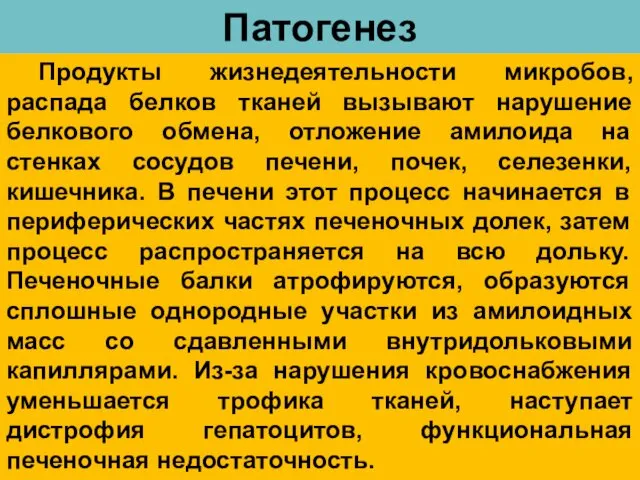 Патогенез Продукты жизнедеятельности микробов, распада белков тканей вызывают нарушение белкового обмена,