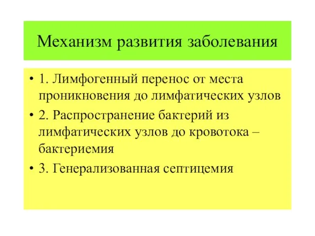 Механизм развития заболевания 1. Лимфогенный перенос от места проникновения до лимфатических