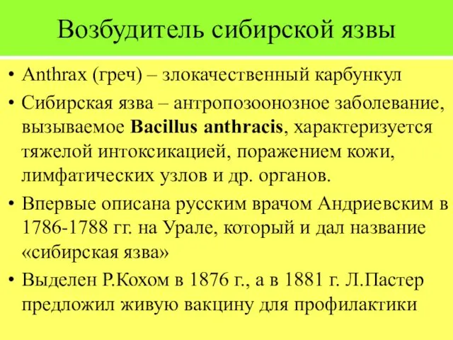 Возбудитель сибирской язвы Anthrax (греч) – злокачественный карбункул Сибирская язва –
