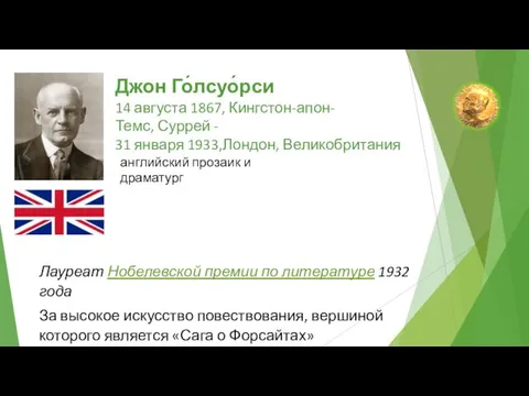 Джон Го́лсуо́рси 14 августа 1867, Кингстон-апон-Темс, Суррей - 31 января 1933,Лондон,